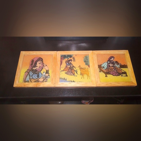 7 Piece Coaster Set Wood Glass Top With Holder Boho Gypsy Goddess RARE - Picture 8 of 9